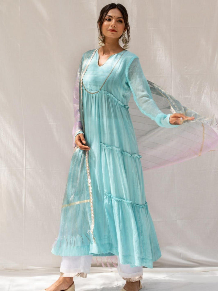 Turquoise Chanderi Anarkali Set with Ombre Organza Dupatta - Myaara