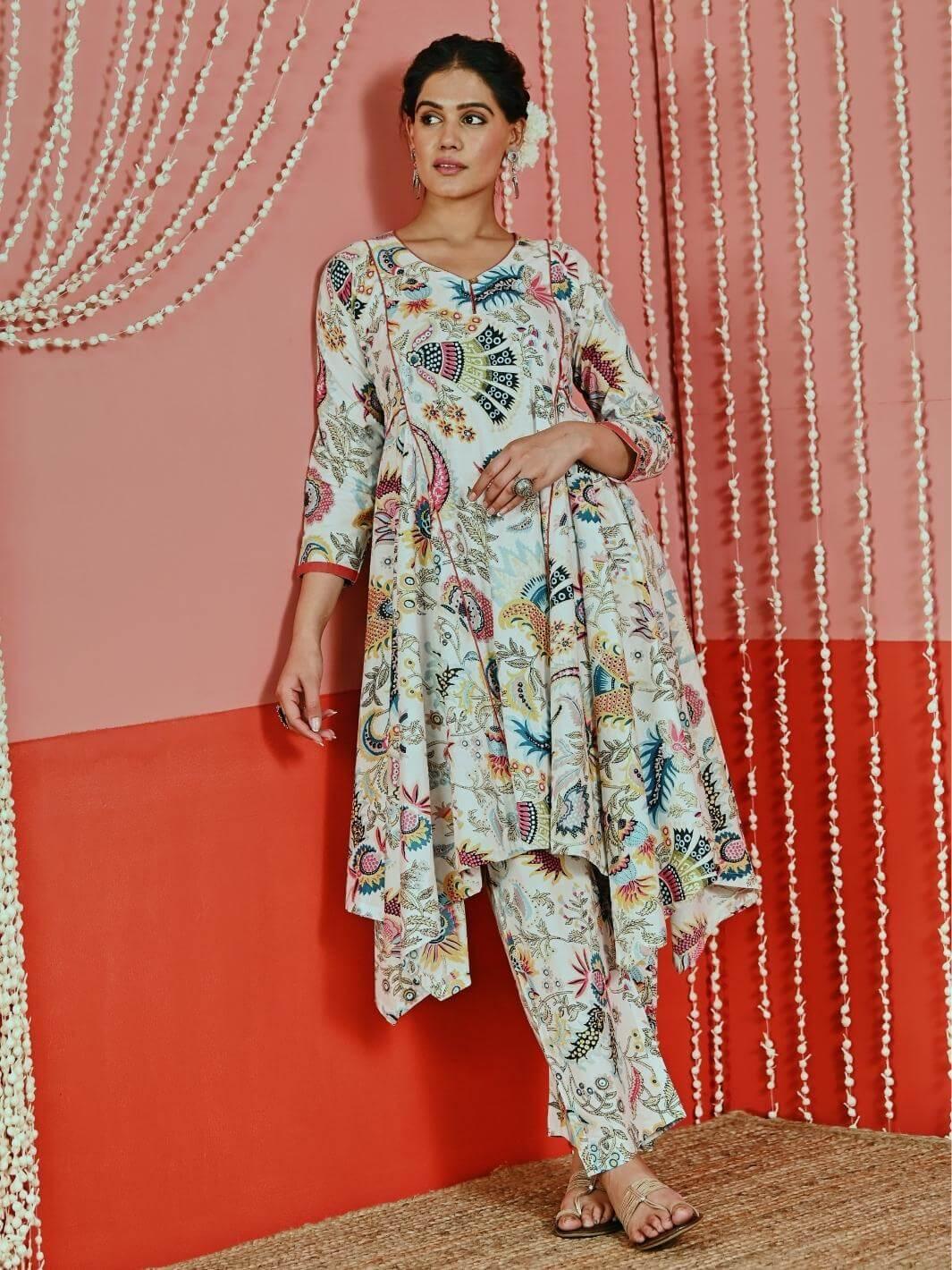 White Printed Asymmetric Cotton Fusion Set - Myaara