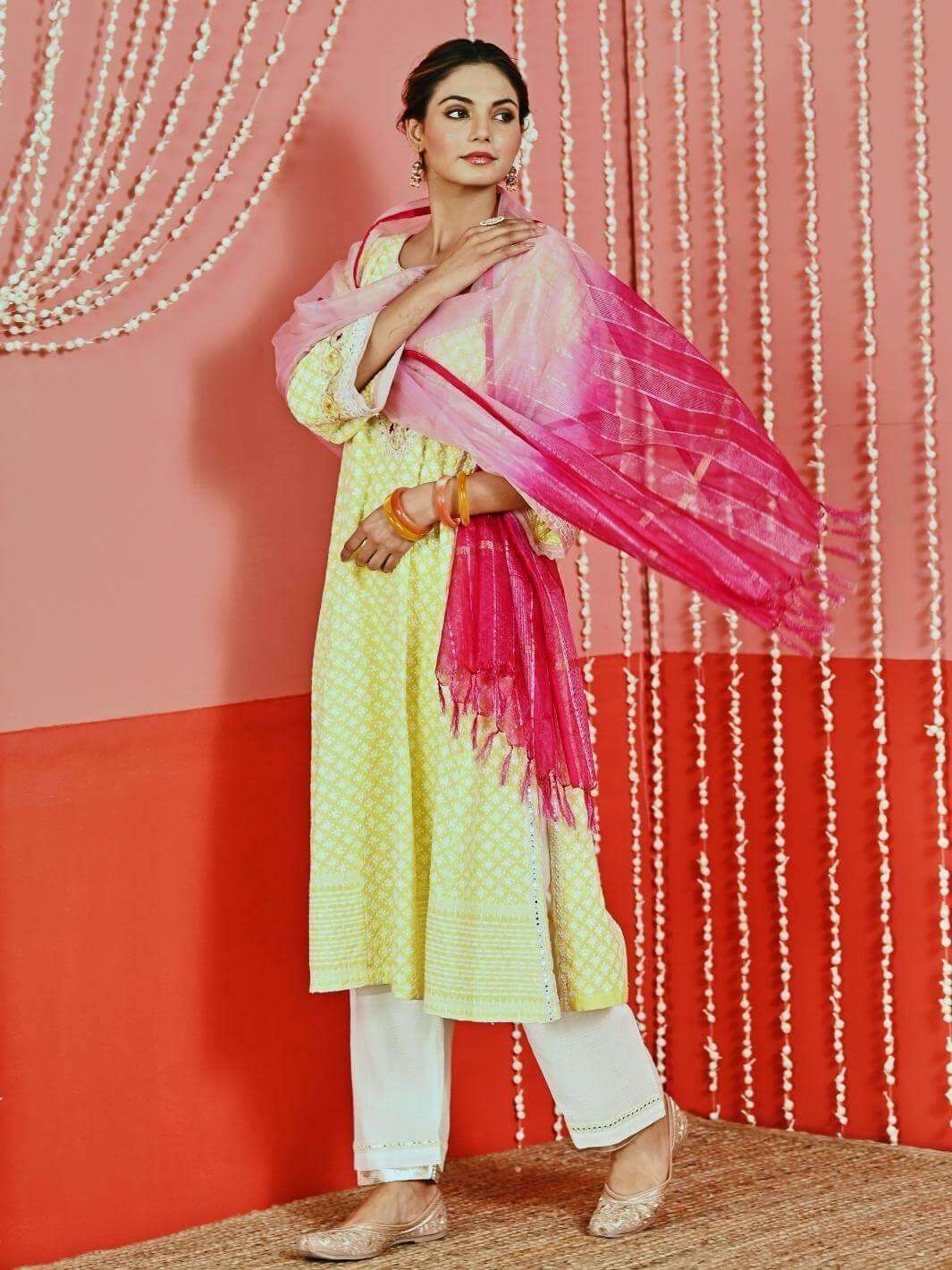 Yellow Cotton Ethnic Kurta Set with Self-Embroidery & Organza Dupatta - Myaara