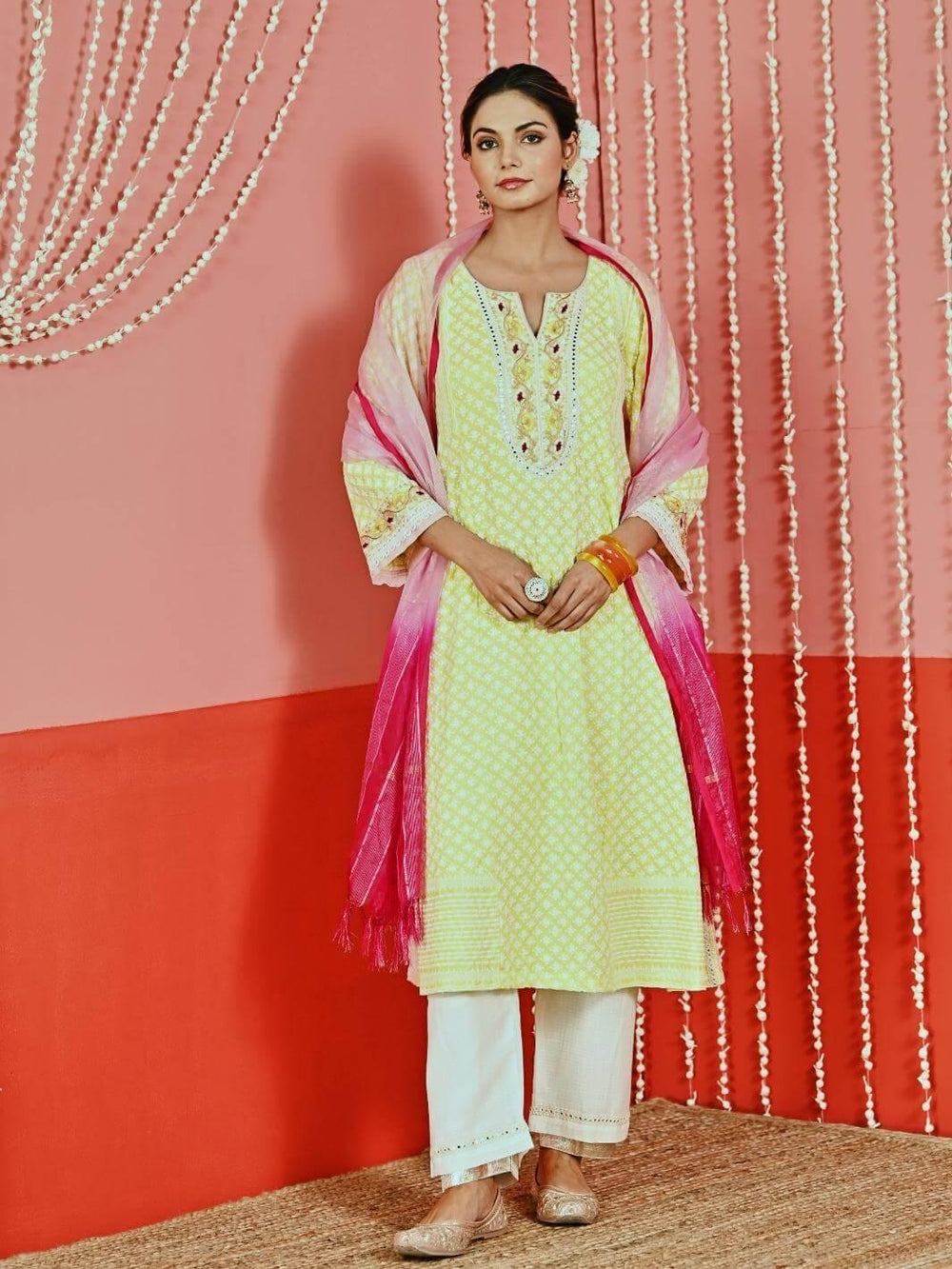 Yellow Cotton Ethnic Kurta Set with Self-Embroidery & Organza Dupatta - Myaara