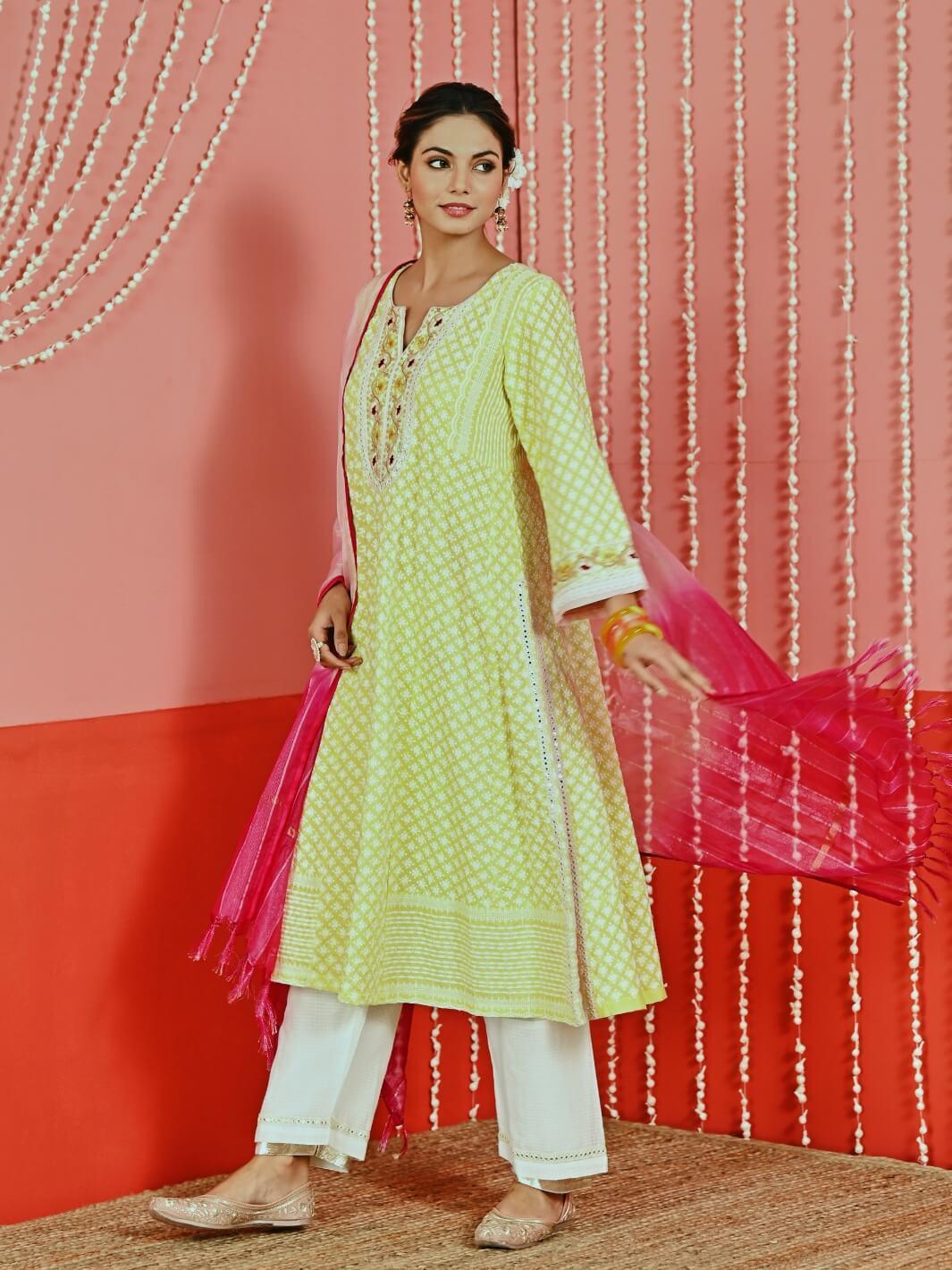 Yellow Cotton Ethnic Kurta Set with Self-Embroidery & Organza Dupatta - Myaara