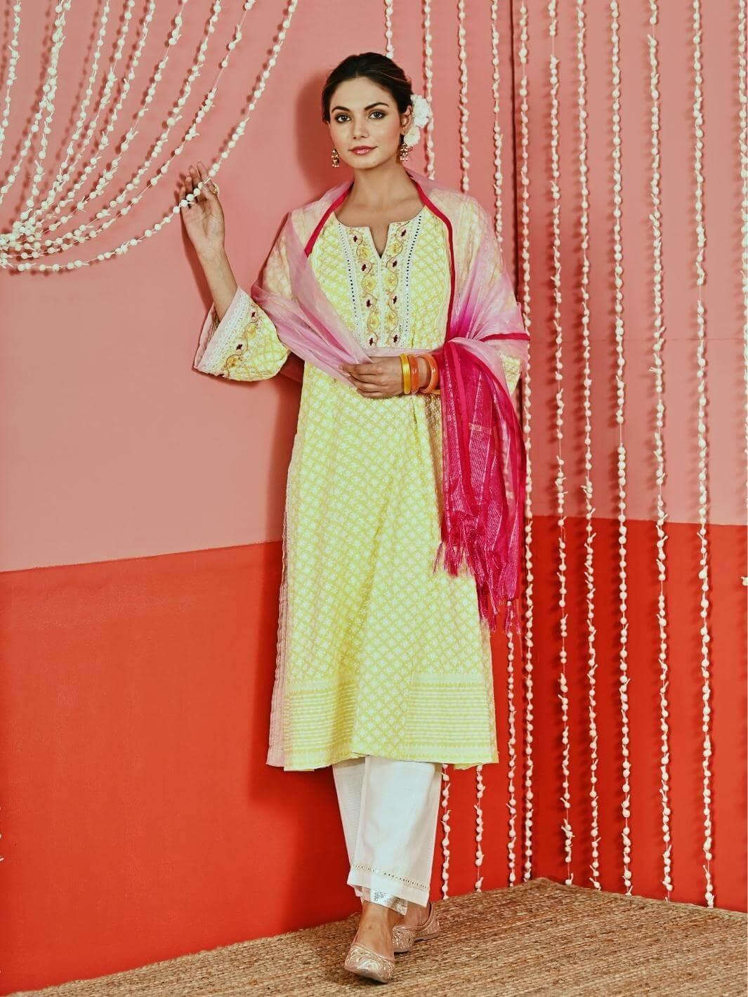 Yellow Cotton Ethnic Kurta Set with Self-Embroidery & Organza Dupatta - Myaara