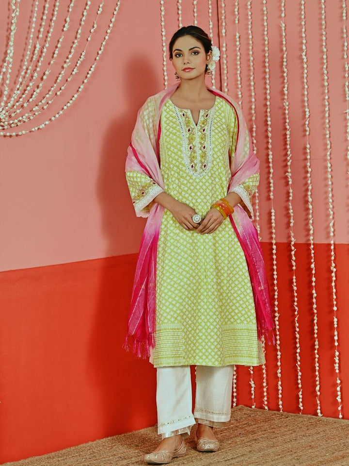 Yellow Cotton Ethnic Kurta Set with Self-Embroidery & Organza Dupatta - Myaara