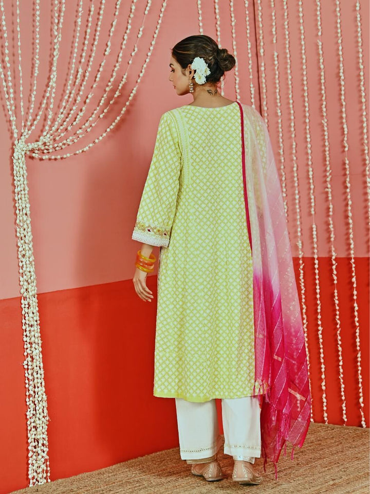 Yellow Cotton Ethnic Kurta Set with Self-Embroidery & Organza Dupatta - Myaara