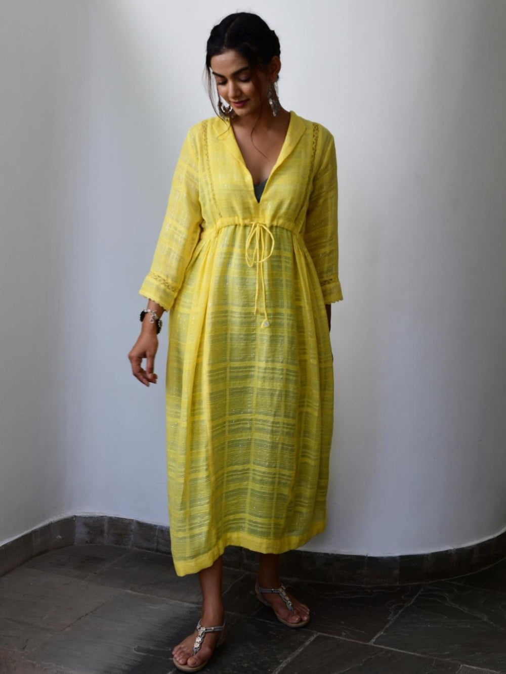 Yellow Cotton Lurex Ethnic Dress with Lace-Details - Myaara