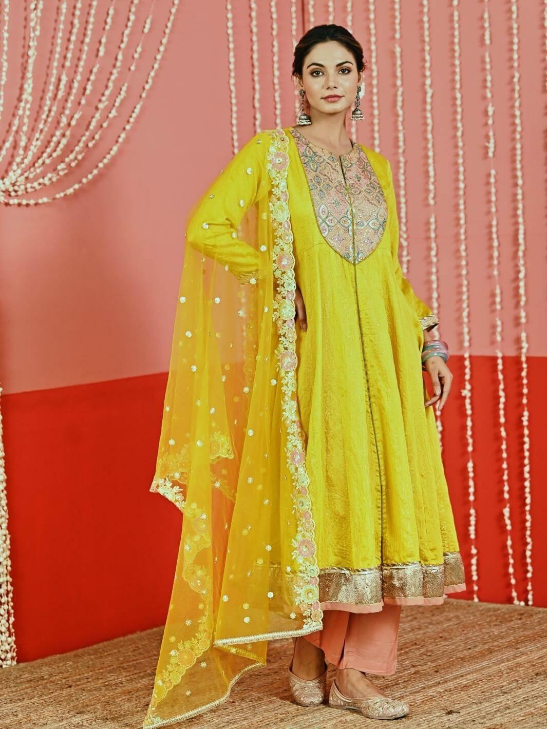 Yellow Embroidered Chanderi Ethnic Anarkali Set with Organza Dupatta - Myaara