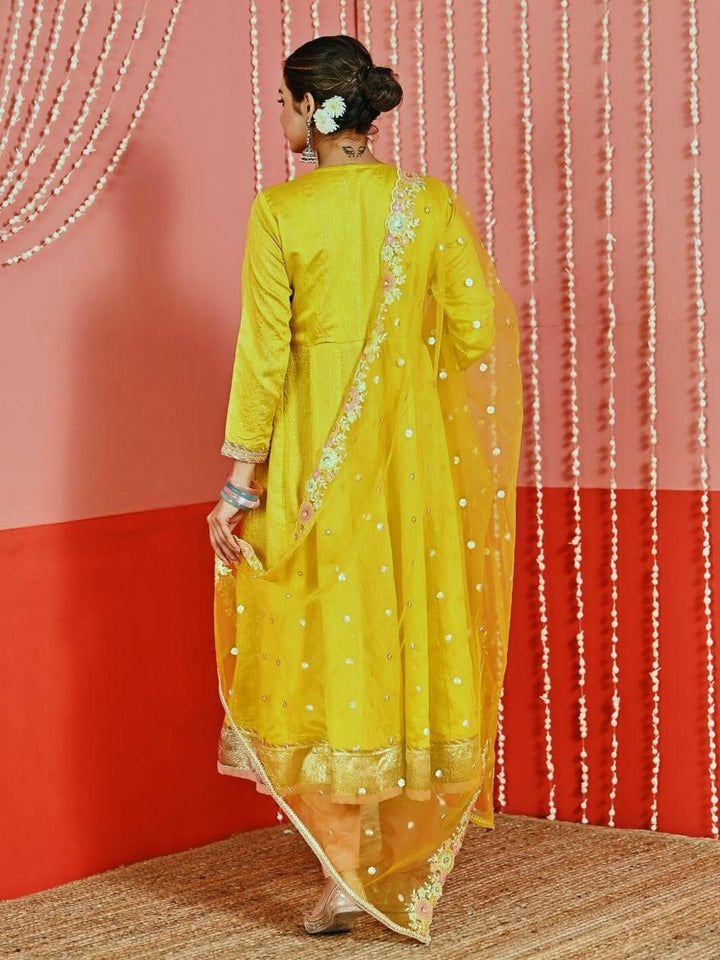 Yellow Embroidered Chanderi Ethnic Anarkali Set with Organza Dupatta - Myaara