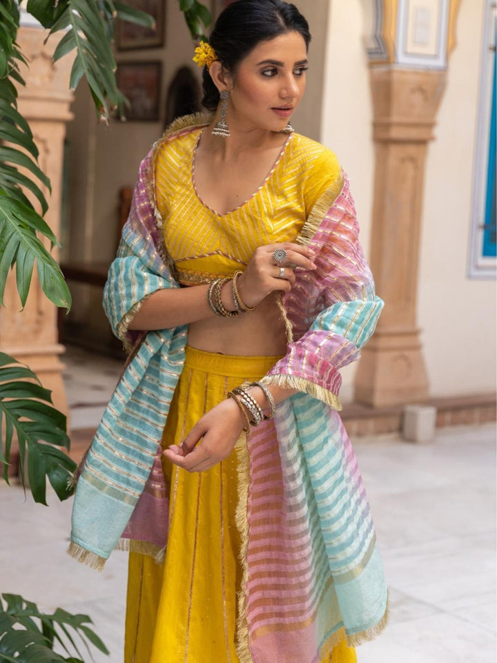 Yellow Embroidered Lehenga Set with Organza Dupatta & Gota-work - Myaara