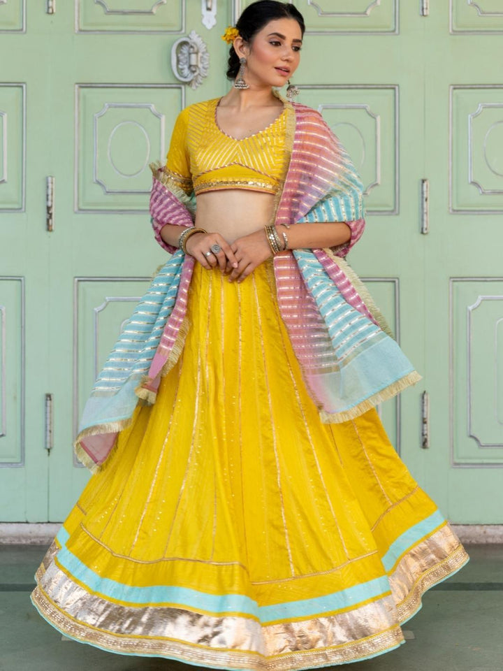 Yellow Embroidered Lehenga Set with Organza Dupatta & Gota-work - Myaara