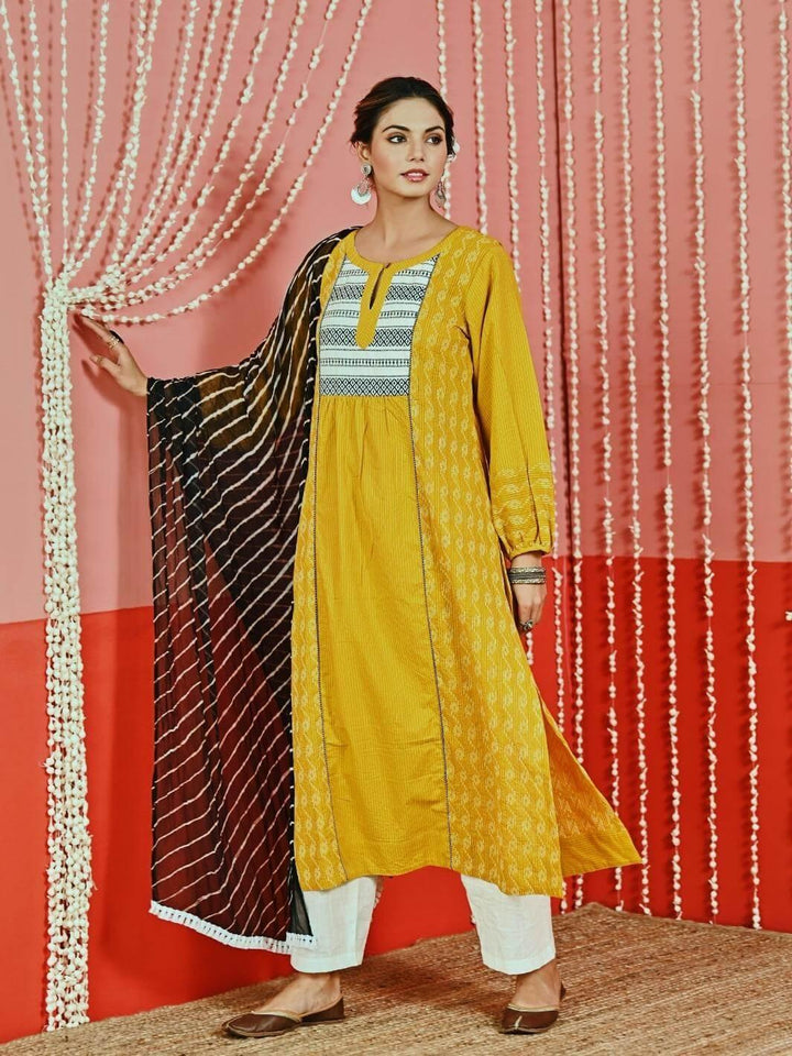 Yellow Kantha Cotton Kurta Set with Leheriya Chiffon Dupatta - Myaara